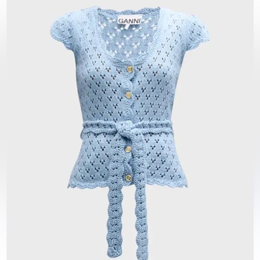 Ganni
Short-Sleeve Cotton Lace Cardigan